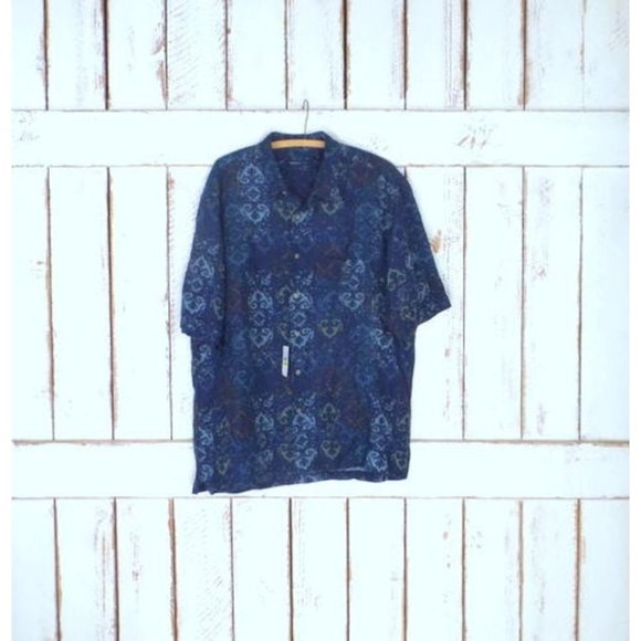 90's vintage Van Heusen dark blue linen button down short sleeve shirt - Picture 1 of 6